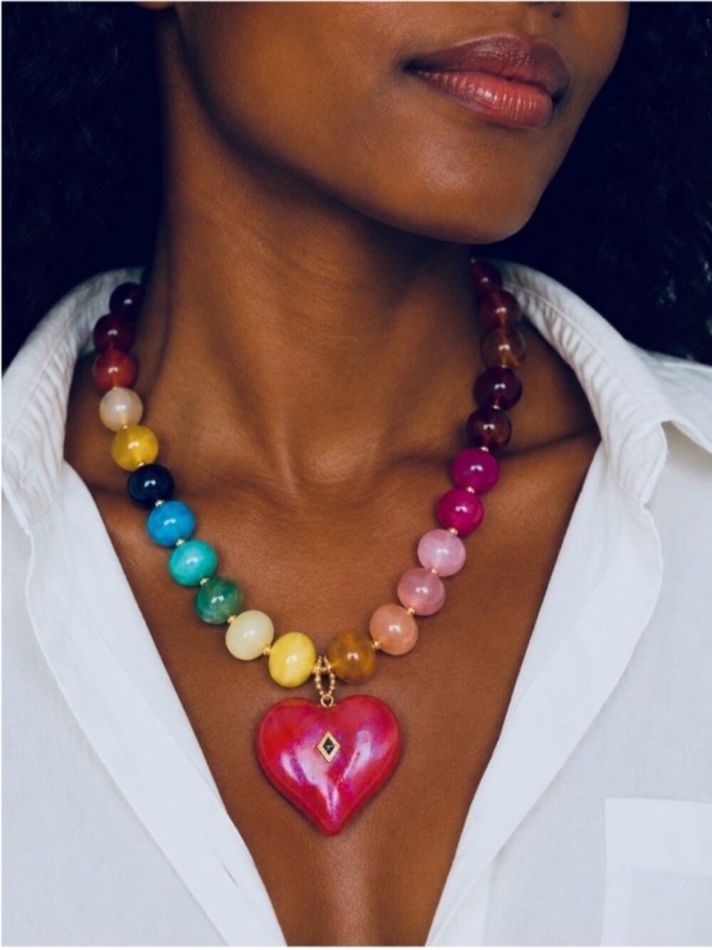 New! Y2K Colorful Beaded Heart Charm Dopamine Necklace NWOT